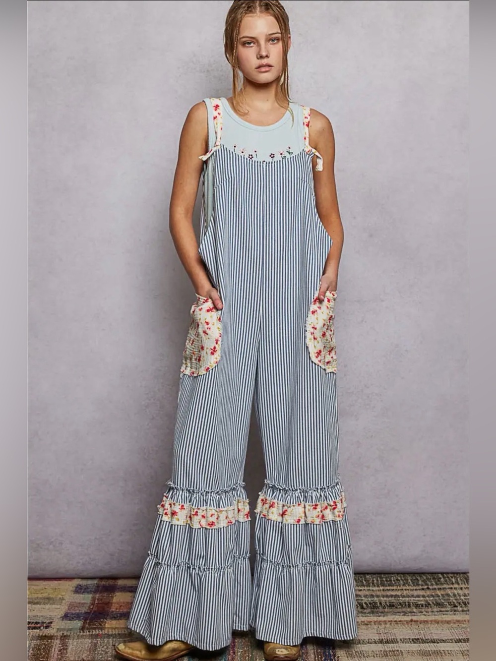 POL Blue + White Striped Floral-Pocket Ruffle Jumpsuit - Picture 1 of 9